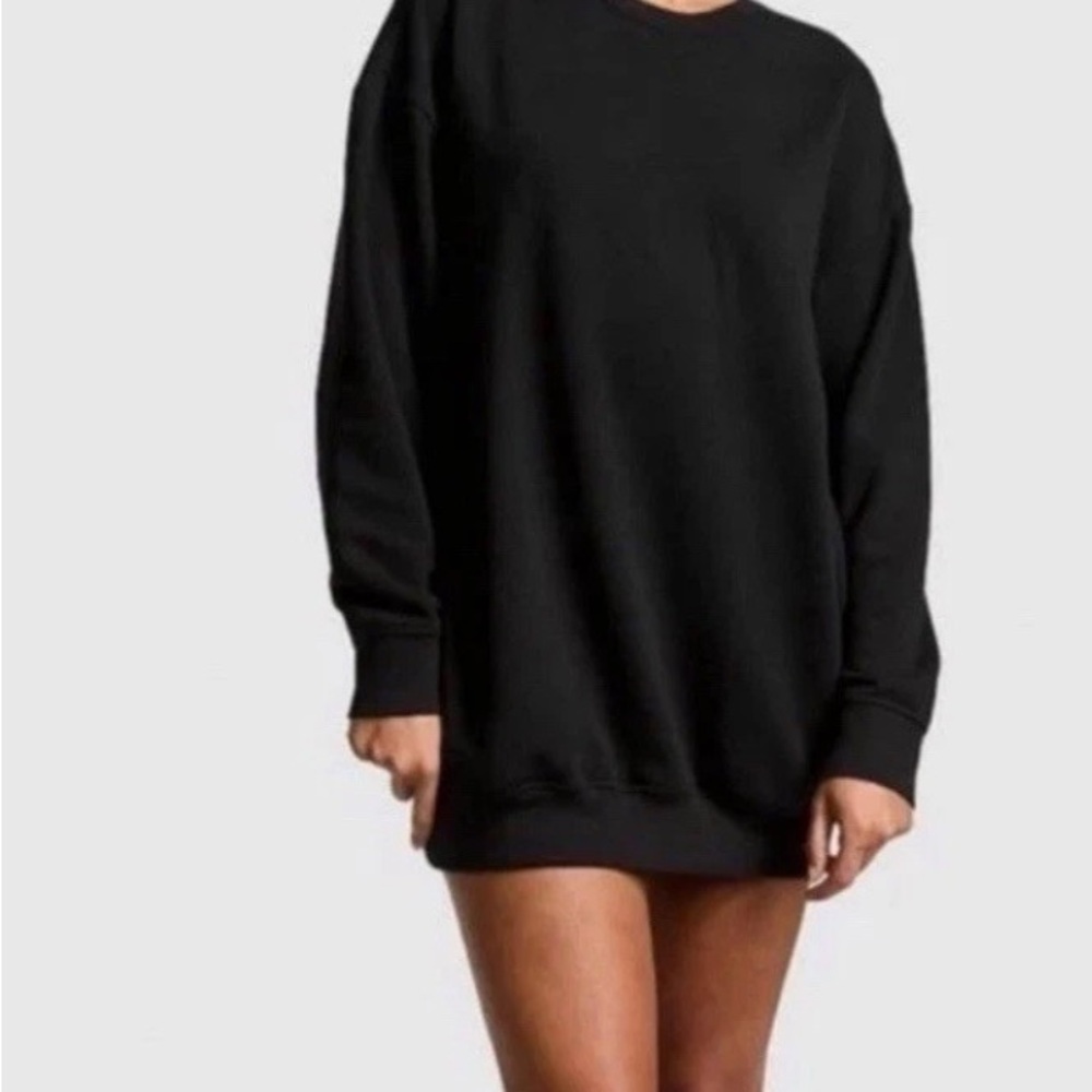 New Victoria’s Secret PINK Sweatshirt Dress (L) Black Fleece Oversized Logo NWT - Picture 3 of 3